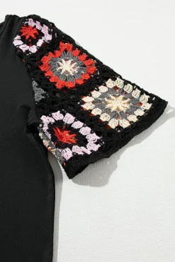 Best Dear-Lover Floral Crochet Short Sleeve Top Black