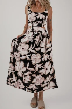 Best Dear-Lover Floral Cutout Square Neck Knot Back Sleeveless Maxi Dress Black