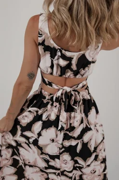 Best Dear-Lover Floral Cutout Square Neck Knot Back Sleeveless Maxi Dress Black