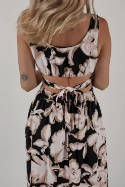 Best Dear-Lover Floral Cutout Square Neck Knot Back Sleeveless Maxi Dress Black