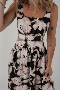 Best Dear-Lover Floral Cutout Square Neck Knot Back Sleeveless Maxi Dress Black