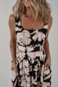 Best Dear-Lover Floral Cutout Square Neck Knot Back Sleeveless Maxi Dress Black
