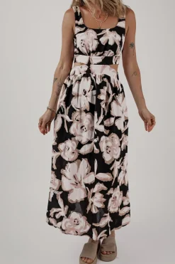 Best Dear-Lover Floral Cutout Square Neck Knot Back Sleeveless Maxi Dress Black