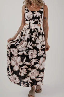 Best Dear-Lover Floral Cutout Square Neck Knot Back Sleeveless Maxi Dress Black