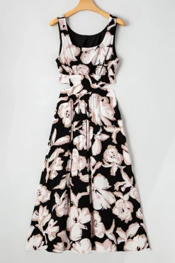 Best Dear-Lover Floral Cutout Square Neck Knot Back Sleeveless Maxi Dress Black