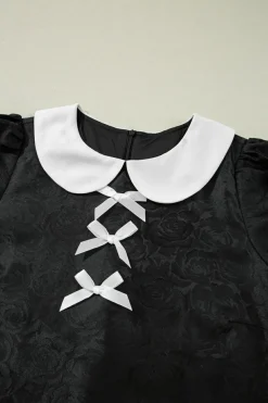 Outlet Dear-Lover Floral Embossed Puff Sleeve Colorblock Bow Collared Mini Dress Black