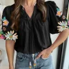Clearance Dear-Lover Floral Embroidered Puff Sleeve Split Neck Blouse Black