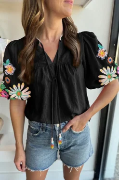 Clearance Dear-Lover Floral Embroidered Puff Sleeve Split Neck Blouse Black