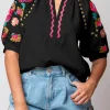 Discount Dear-Lover Floral Embroidered Ricrac Puff Sleeve Textured Blouse Black