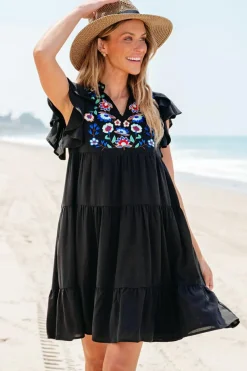 Outlet Dear-Lover Floral Embroidered Tiered Ruffled Mini Dress Black