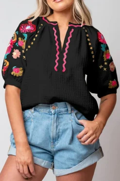 Discount Dear-Lover Floral Embroidered Ricrac Puff Sleeve Textured Blouse Black
