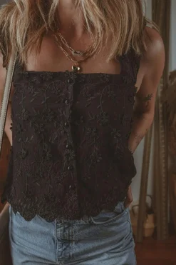 Hot Dear-Lover Floral Embroidered Buttoned Square Neck Tank Top Black