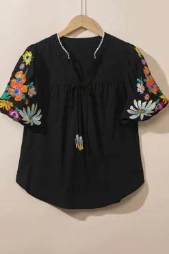 Clearance Dear-Lover Floral Embroidered Puff Sleeve Split Neck Blouse Black