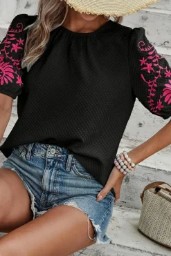 Best Dear-Lover Floral Embroidered Textured Puff Sleeve T Shirt Black