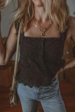Hot Dear-Lover Floral Embroidered Buttoned Square Neck Tank Top Black