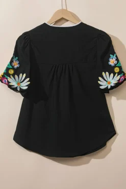 Clearance Dear-Lover Floral Embroidered Puff Sleeve Split Neck Blouse Black