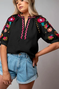 Discount Dear-Lover Floral Embroidered Ricrac Puff Sleeve Textured Blouse Black