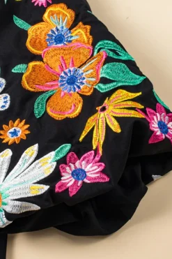 Clearance Dear-Lover Floral Embroidered Puff Sleeve Split Neck Blouse Black