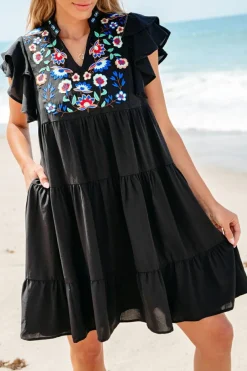 Outlet Dear-Lover Floral Embroidered Tiered Ruffled Mini Dress Black