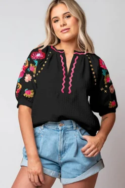 Discount Dear-Lover Floral Embroidered Ricrac Puff Sleeve Textured Blouse Black