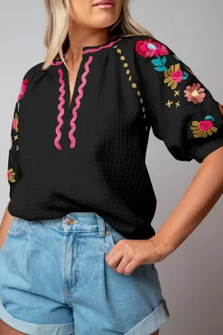 Discount Dear-Lover Floral Embroidered Ricrac Puff Sleeve Textured Blouse Black