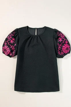 Best Dear-Lover Floral Embroidered Textured Puff Sleeve T Shirt Black