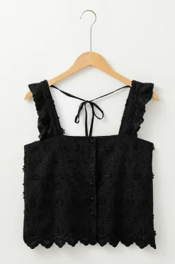 Hot Dear-Lover Floral Embroidered Buttoned Square Neck Tank Top Black