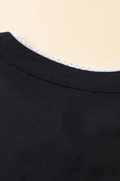 Clearance Dear-Lover Floral Embroidered Puff Sleeve Split Neck Blouse Black