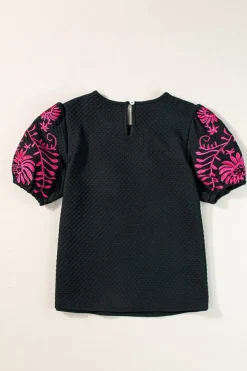 Best Dear-Lover Floral Embroidered Textured Puff Sleeve T Shirt Black