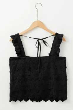 Hot Dear-Lover Floral Embroidered Buttoned Square Neck Tank Top Black