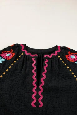 Discount Dear-Lover Floral Embroidered Ricrac Puff Sleeve Textured Blouse Black