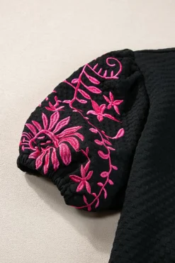 Best Dear-Lover Floral Embroidered Textured Puff Sleeve T Shirt Black