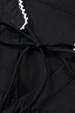 Clearance Dear-Lover Floral Embroidered Puff Sleeve Split Neck Blouse Black