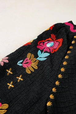 Discount Dear-Lover Floral Embroidered Ricrac Puff Sleeve Textured Blouse Black