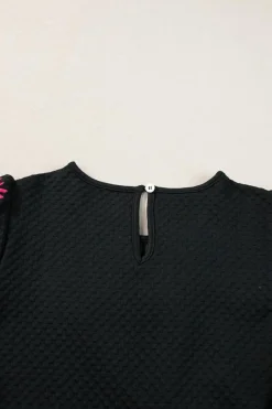 Best Dear-Lover Floral Embroidered Textured Puff Sleeve T Shirt Black