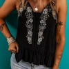 Best Dear-Lover Floral Embroidery Ruffled Spaghetti Straps Tank Top Black