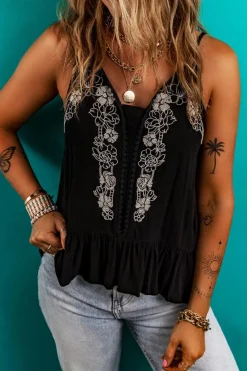 Best Dear-Lover Floral Embroidery Ruffled Spaghetti Straps Tank Top Black