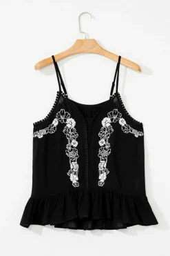 Best Dear-Lover Floral Embroidery Ruffled Spaghetti Straps Tank Top Black
