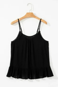 Best Dear-Lover Floral Embroidery Ruffled Spaghetti Straps Tank Top Black