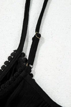 Best Dear-Lover Floral Embroidery Ruffled Spaghetti Straps Tank Top Black