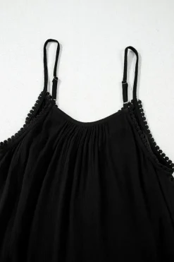 Best Dear-Lover Floral Embroidery Ruffled Spaghetti Straps Tank Top Black