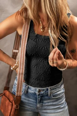 Discount Dear-Lover Floral Jacquard Square Neck Tank Top Black