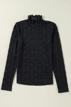 Fashion Dear-Lover Floral Lace High Neck Long Sleeve Top Black