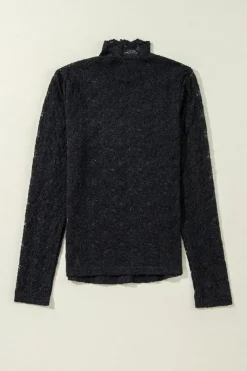 Fashion Dear-Lover Floral Lace High Neck Long Sleeve Top Black