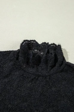 Fashion Dear-Lover Floral Lace High Neck Long Sleeve Top Black