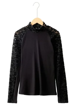 New Dear-Lover Floral Lace Patchwork Long Sleeve High Neck Slim Top Black