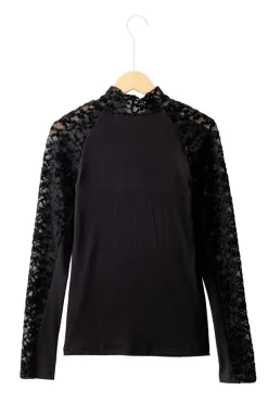 New Dear-Lover Floral Lace Patchwork Long Sleeve High Neck Slim Top Black