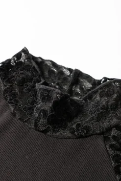 New Dear-Lover Floral Lace Patchwork Long Sleeve High Neck Slim Top Black
