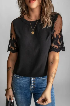 Outlet Dear-Lover Floral Lace Sleeve Patchwork Top Black