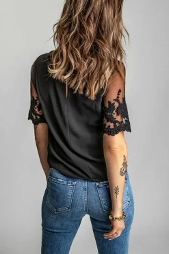 Outlet Dear-Lover Floral Lace Sleeve Patchwork Top Black